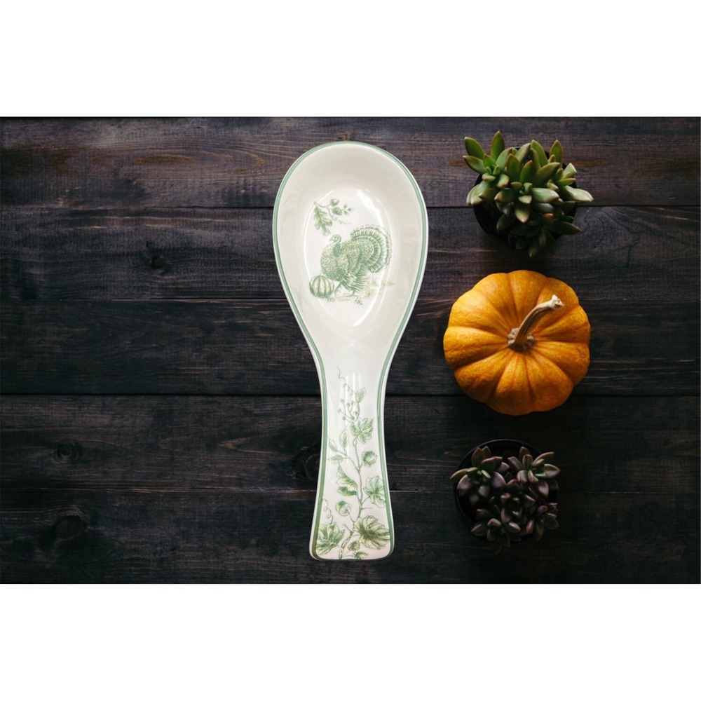 Thanksgiving Green & Off-White Toile Tom Turkey‎ Pumpkin Spoon Rest Decor 10" Lg